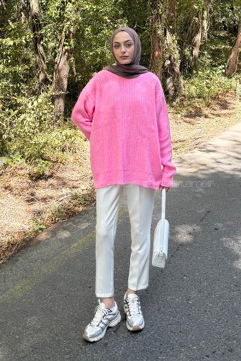 Lamelif İnce Örgülü Kazak Pembe