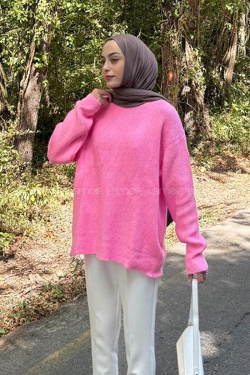 Lamelif İnce Örgülü Kazak Pembe