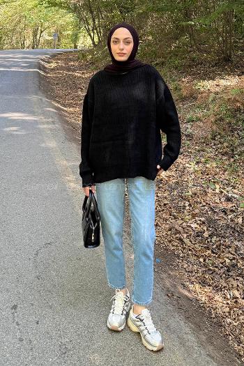 Lamelif İnce Örgülü Kazak Siyah