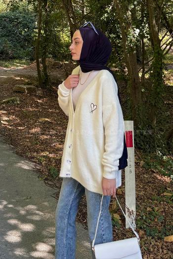 Ecru V Neck Long Arm Wool Acrylic Polyester Cardigan