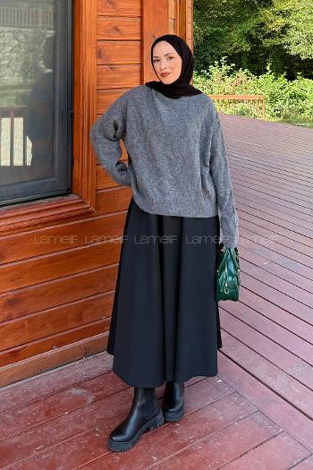 Lamelif Kendinden Desenli Triko Kazak Antrasit