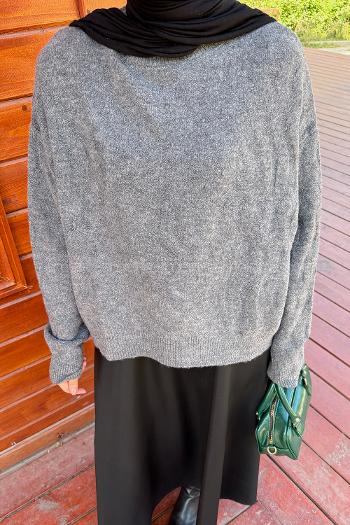 Lamelif Kendinden Desenli Triko Kazak Antrasit