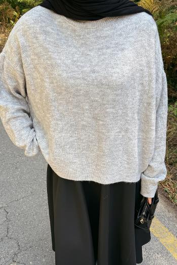 Lamelif Kendinden Desenli Triko Kazak Gri