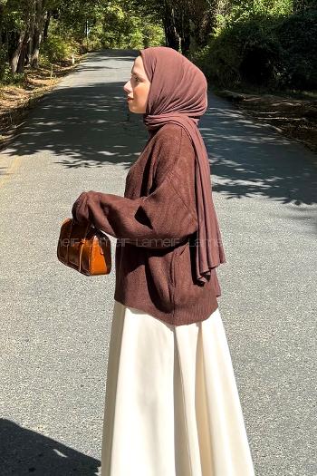 Lamelif Kendinden Desenli Triko Kazak Kahverengi