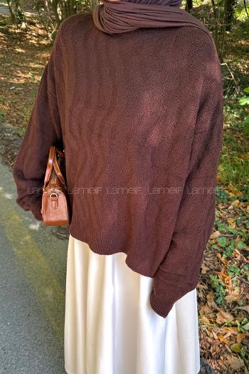 Lamelif Kendinden Desenli Triko Kazak Kahverengi