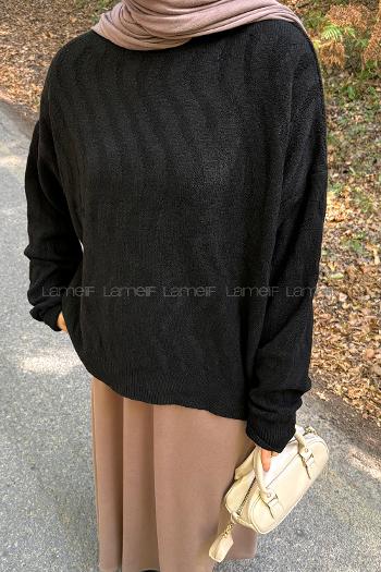 Lamelif Kendinden Desenli Triko Kazak Siyah