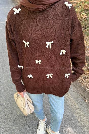 Lamelif Kurdeleli Triko Kazak Acı Kahve