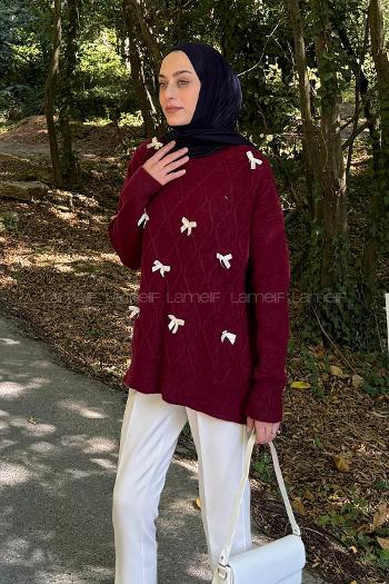 Lamelif Kurdeleli Triko Kazak Bordo
