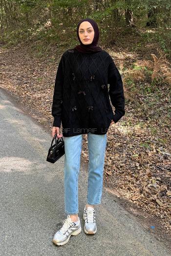 Lamelif Kurdeleli Triko Kazak Siyah