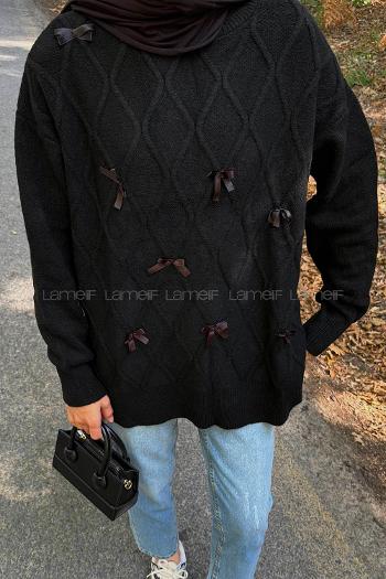 Lamelif Kurdeleli Triko Kazak Siyah