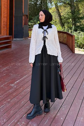 Lamelif Ön Bağcık Detaylı Ajurlu Hırka Bej