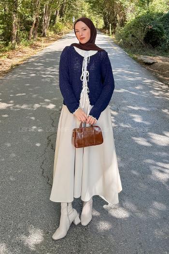 Lamelif Ön Bağcık Detaylı Ajurlu Hırka Lacivert