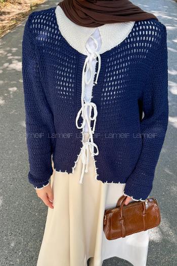 Lamelif Ön Bağcık Detaylı Ajurlu Hırka Lacivert