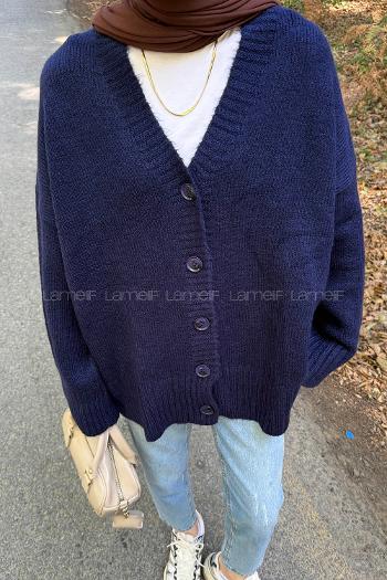 Navy Blue V Neck Long Arm Acrylic Elastan Cardigan