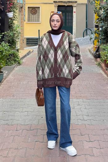 Lamelif Baklava Desen Jakarlı Hırka Haki