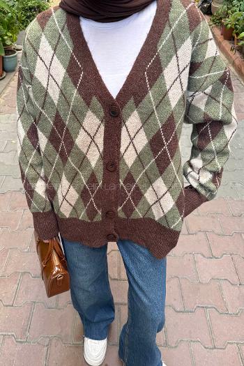 Lamelif Baklava Desen Jakarlı Hırka Haki