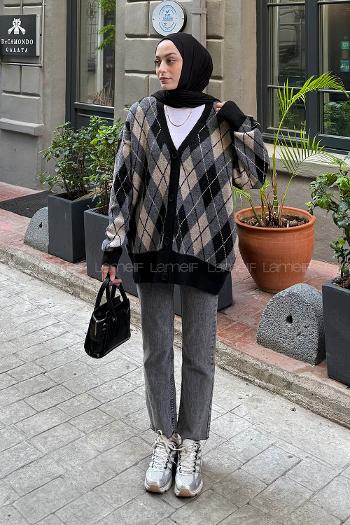 Lamelif Baklava Desen Jakarlı Hırka Siyah