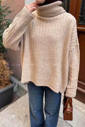 Lamelif Balıkçı Yaka Kazak Bej