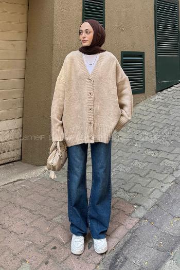 Beige V Neck Long Arm Acrylic Elastan Cardigan