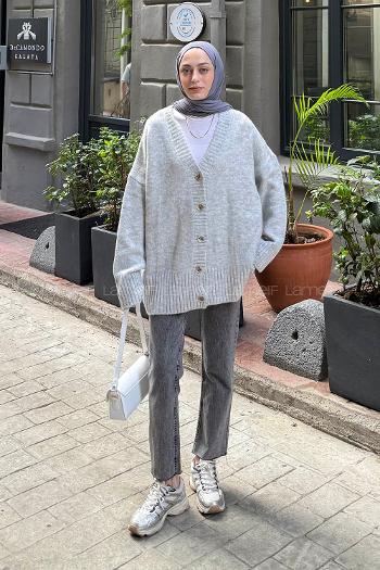 Gray V Neck Long Arm Acrylic Elastan Cardigan