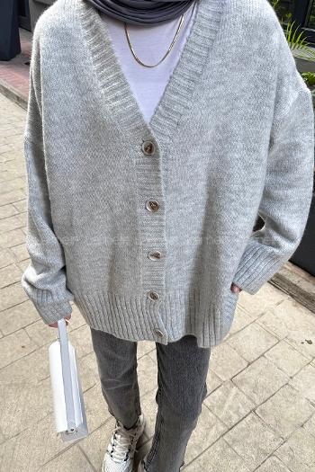 Gray V Neck Long Arm Acrylic Elastan Cardigan