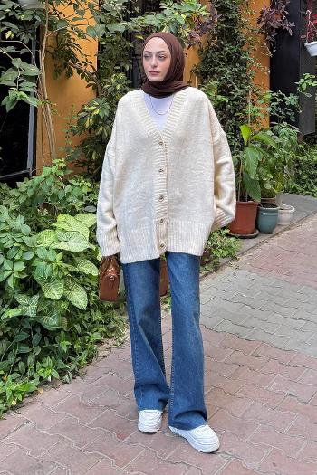 Natural V Neck Long Arm Acrylic Elastan Cardigan