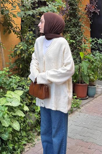 Natural V Neck Long Arm Acrylic Elastan Cardigan