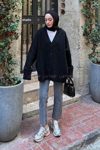 Black V Neck Long Arm Acrylic Elastan Cardigan