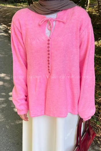 Lamelif Yaka Bağlama Detaylı Kazak Pembe