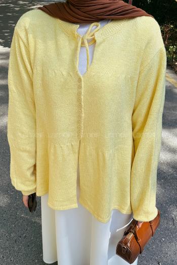 Lamelif Yaka Bağlama Detaylı Kazak Sarı
