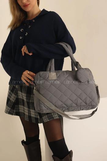 Lamelif  Cüzdan Aksesuarlı Barrel Kapitone Çanta Gri