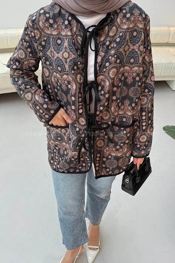 Lamelif Bağcıklı Kapitone Mont Siyah