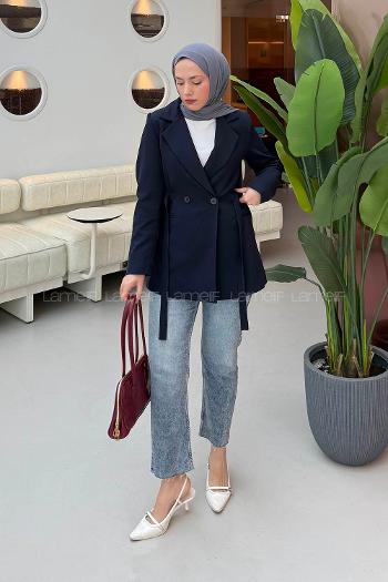 Lamelif Bağlama Detaylı Ceket Lacivert