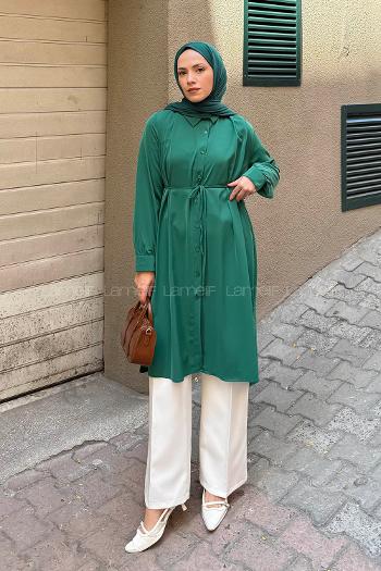 Lamelif Bağlama Detaylı Uzun Tesettür Tunik Zümrüt
