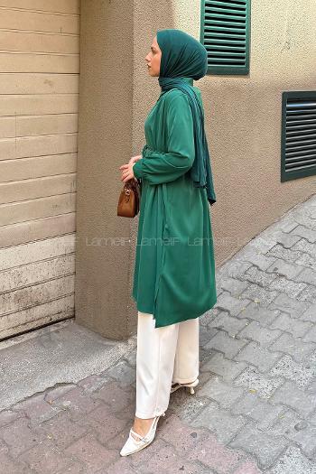 Lamelif Bağlama Detaylı Uzun Tesettür Tunik Zümrüt