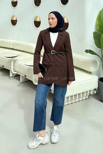 Lamelif Çanta Aksesuarlı Ceket Acı Kahve