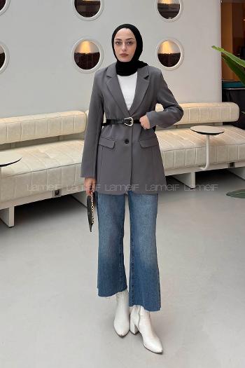 Lamelif Çanta Aksesuarlı Ceket Gri