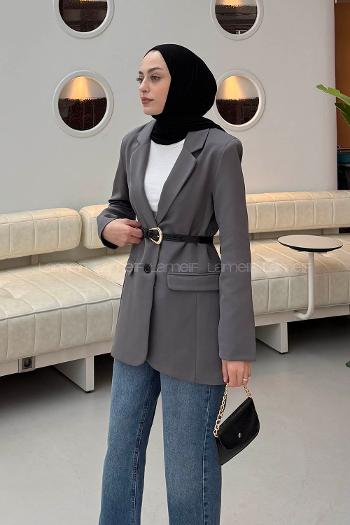 Lamelif Çanta Aksesuarlı Ceket Gri