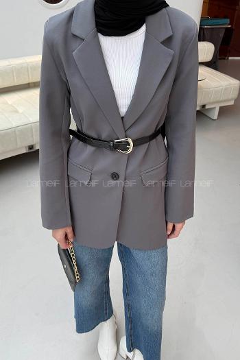 Lamelif Çanta Aksesuarlı Ceket Gri