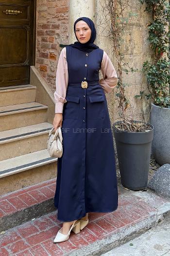 Lamelif Düğme Detaylı Elbise Lacivert