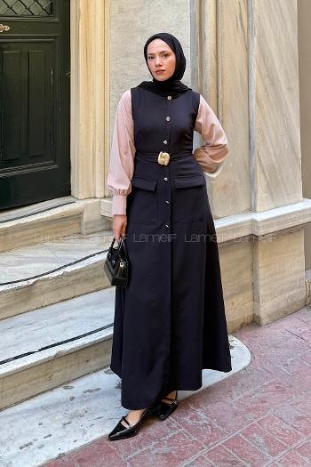 Lamelif Düğme Detaylı Elbise Siyah