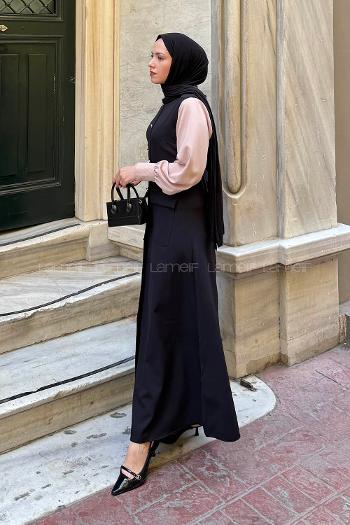 Lamelif Düğme Detaylı Elbise Siyah