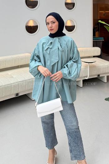 Mint Green Turtle Neck Long Arm Poplin Fabric Shirt