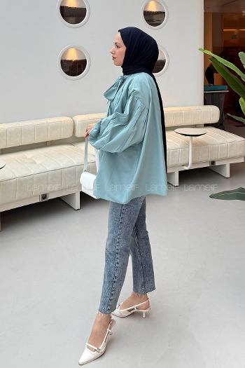 Mint Green Turtle Neck Long Arm Poplin Fabric Shirt