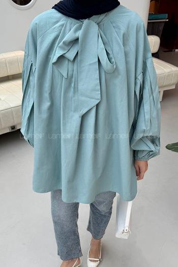 Mint Green Turtle Neck Long Arm Poplin Fabric Shirt