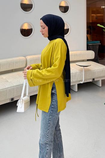 Lamelif Yırtmaç Detaylı Sweat Yağ Yeşili