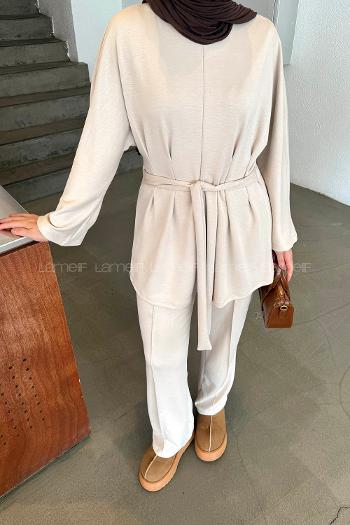 Beige Crew Neck Long Arm Combed Fabric Comfortable Suit