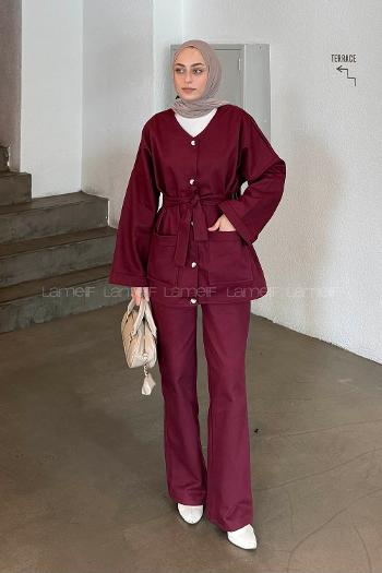 Lamelif Kuşaklı Gabardin Takım Bordo