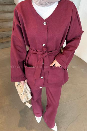 Lamelif Kuşaklı Gabardin Takım Bordo