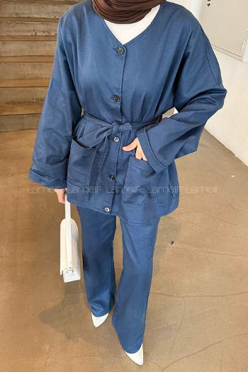 Lamelif Kuşaklı Gabardin Takım Lacivert